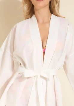Bawełniane kimono plażowe wiązane w pasie z ozdobnym wzorem - Boho