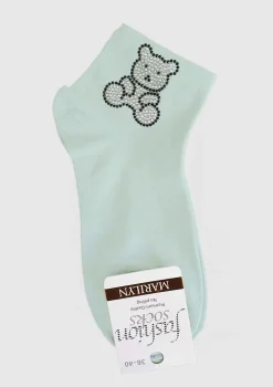 Skarpetki damskie bawełniane z dżetowym misiem oliwkowe - Footies F82