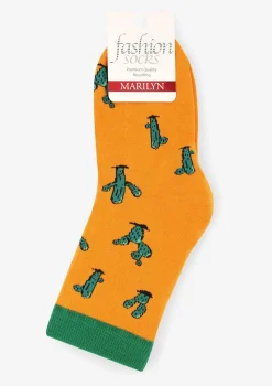 Skarpetki damskie pomarańczowe w zielone kaktusy Cactus Marilyn