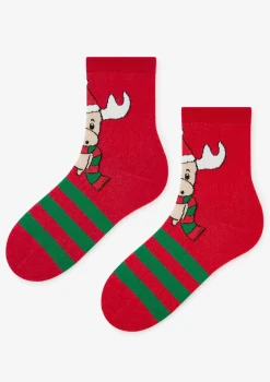 Skarpetki damskie z motywem łosia w czapce Mikołaja Christmas Moos Marilyn